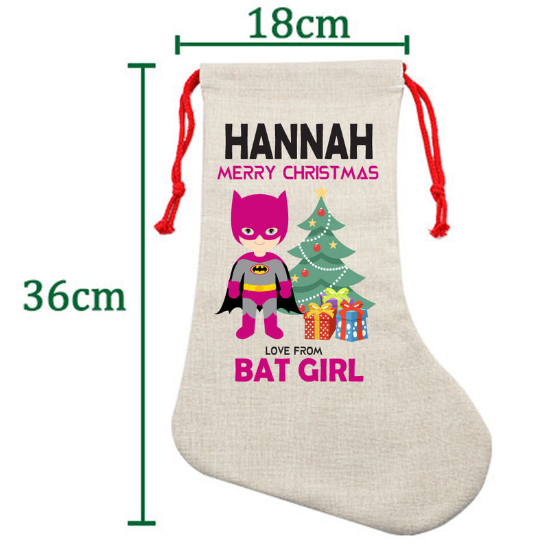 PERSONALISED Cartoon Inspired Super Hero Bat Girl Pink HANNAH HIGH QUALITY Large CHRISTMAS STOCKING - Any Name you want!