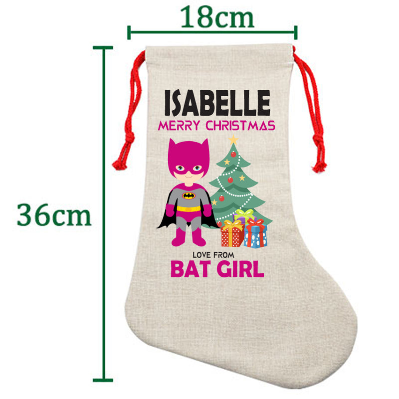 PERSONALISED Cartoon Inspired Super Hero Bat Girl Pink ISABELLE HIGH QUALITY Large CHRISTMAS STOCKING - Any Name you want!