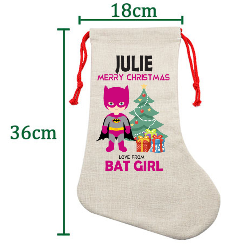 PERSONALISED Cartoon Inspired Super Hero Bat Girl Pink JULIE HIGH QUALITY Large CHRISTMAS STOCKING - Any Name you want!