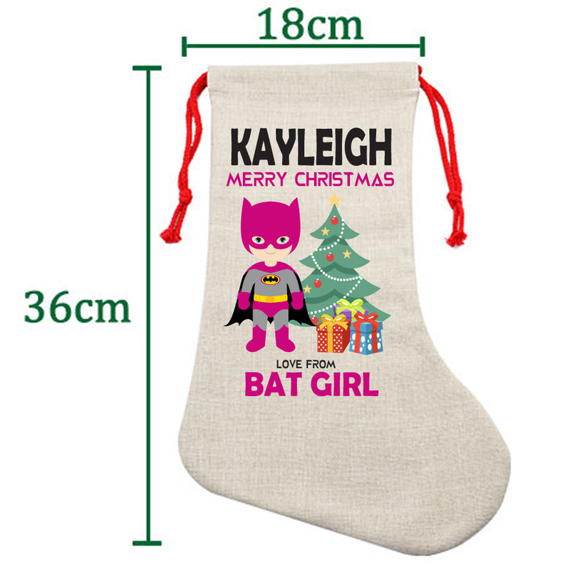 PERSONALISED Cartoon Inspired Super Hero Bat Girl Pink KAYLEIGH HIGH QUALITY Large CHRISTMAS STOCKING - Any Name you want!