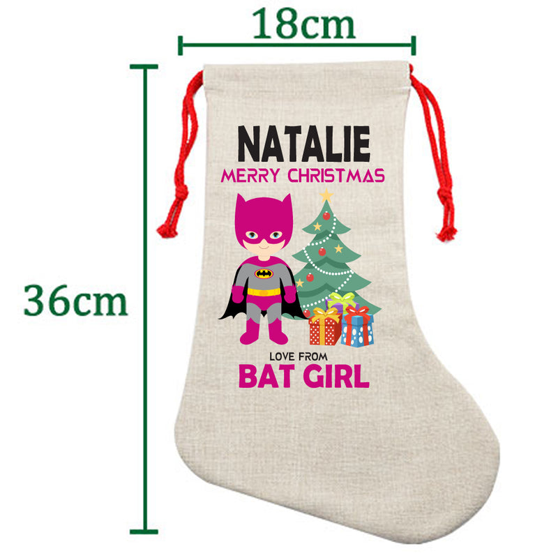PERSONALISED Cartoon Inspired Super Hero Bat Girl Pink NATALIE HIGH QUALITY Large CHRISTMAS STOCKING - Any Name you want!