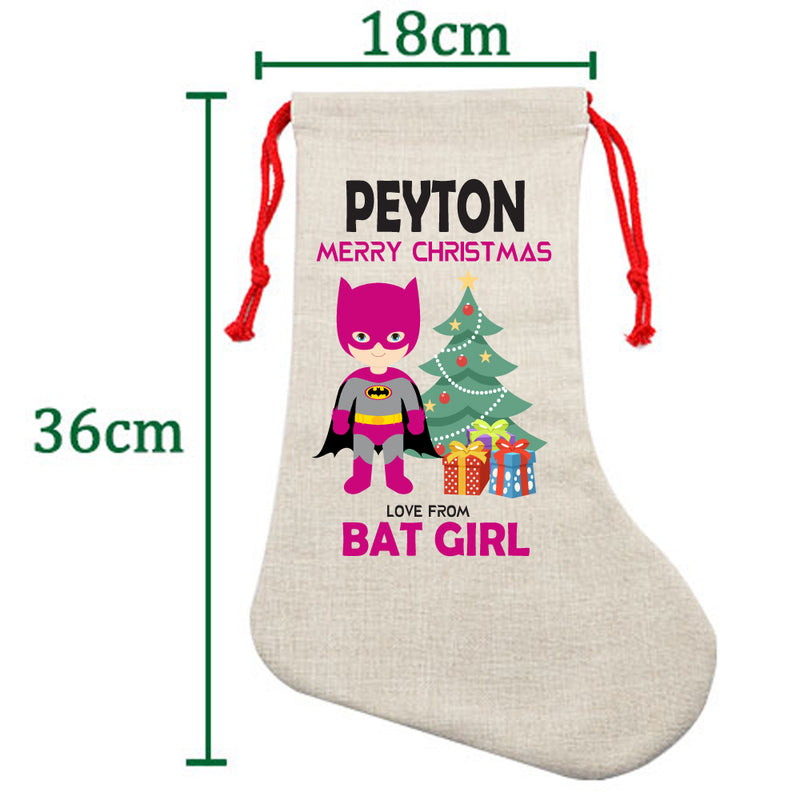 PERSONALISED Cartoon Inspired Super Hero Bat Girl Pink PEYTON HIGH QUALITY Large CHRISTMAS STOCKING - Any Name you want!