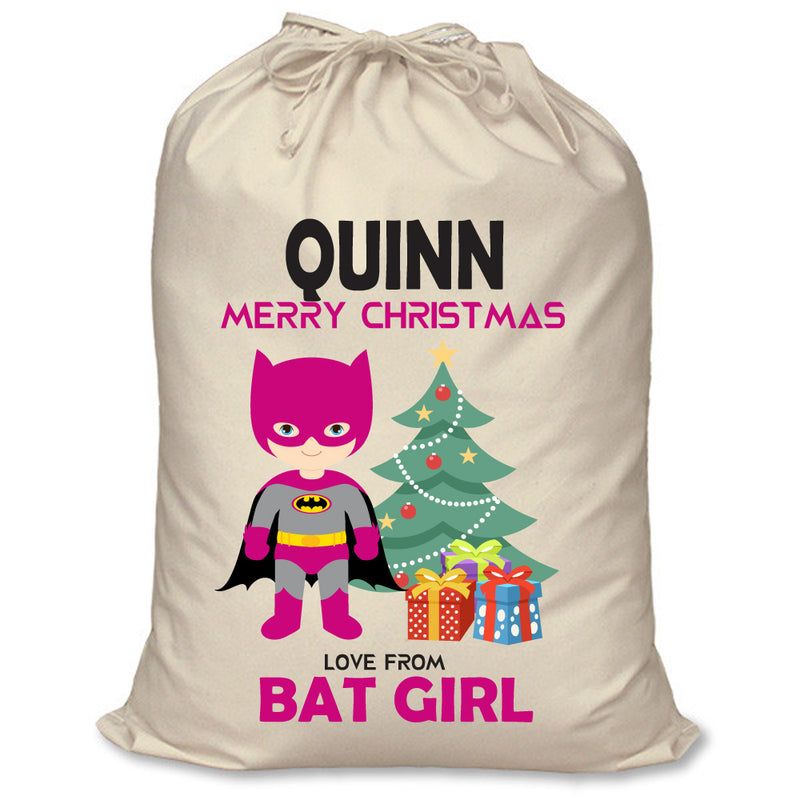 PERSONALISED Cartoon Inspired Super Hero Bat Girl Pink QUINN - XL Children's Christmas Santa Sack CUSTOMISE Present