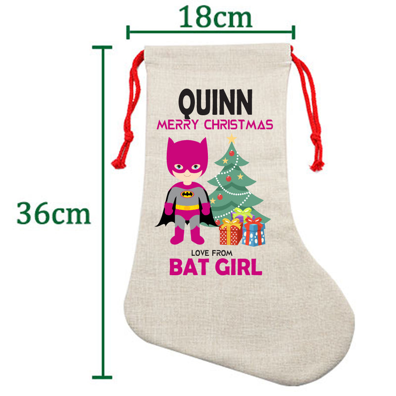 PERSONALISED Cartoon Inspired Super Hero Bat Girl Pink QUINN HIGH QUALITY Large CHRISTMAS STOCKING - Any Name you want!