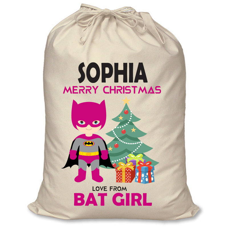 PERSONALISED Cartoon Inspired Super Hero Bat Girl Pink SOPHIA - XL Children's Christmas Santa Sack CUSTOMISE Present