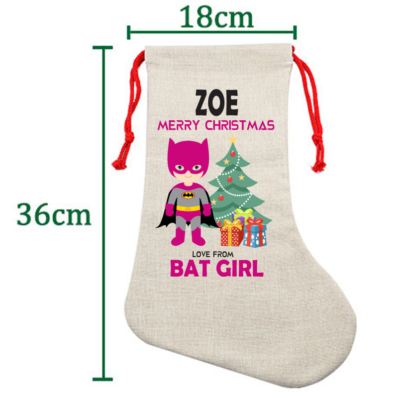 PERSONALISED Cartoon Inspired Super Hero Bat Girl Pink ZOE HIGH QUALITY Large CHRISTMAS STOCKING - Any Name you want!