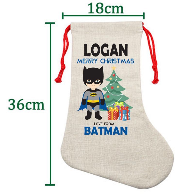 PERSONALISED Cartoon Inspired Super Hero Bat Boy LOGAN HIGH QUALITY Large CHRISTMAS STOCKING - Any Name you want!