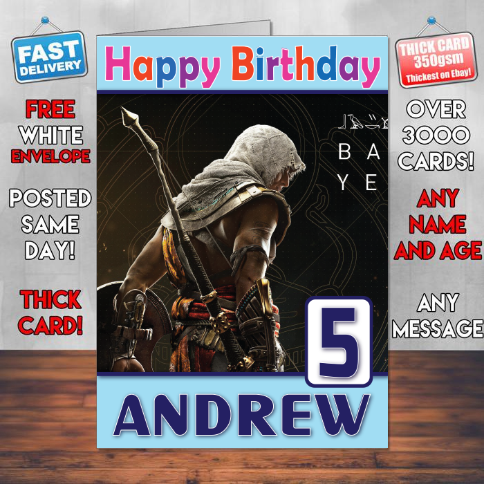 Personalised Bayek Assassins Creed Origins Inspired Style Game Kids Inspired Birthday Card (SA)