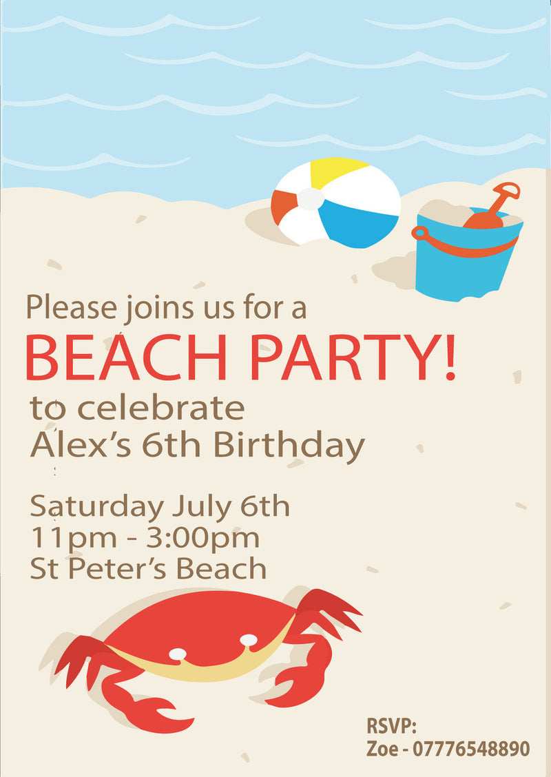 10 X Personalised Printed Beach Party 2 INSPIRED STYLE Invites