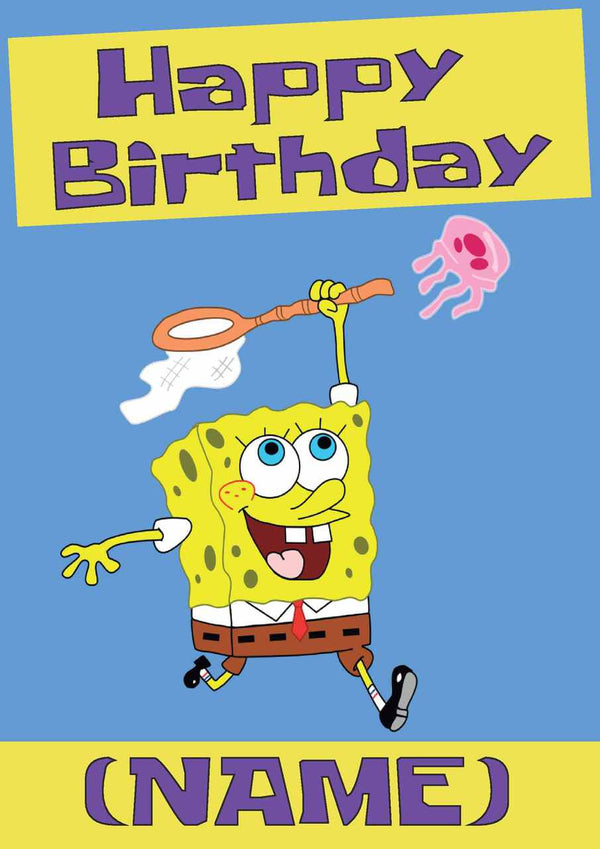 THEME INSPIRED Kids Adult Personalised Birthday Card Sponge Bob Square Pants Birthday Card