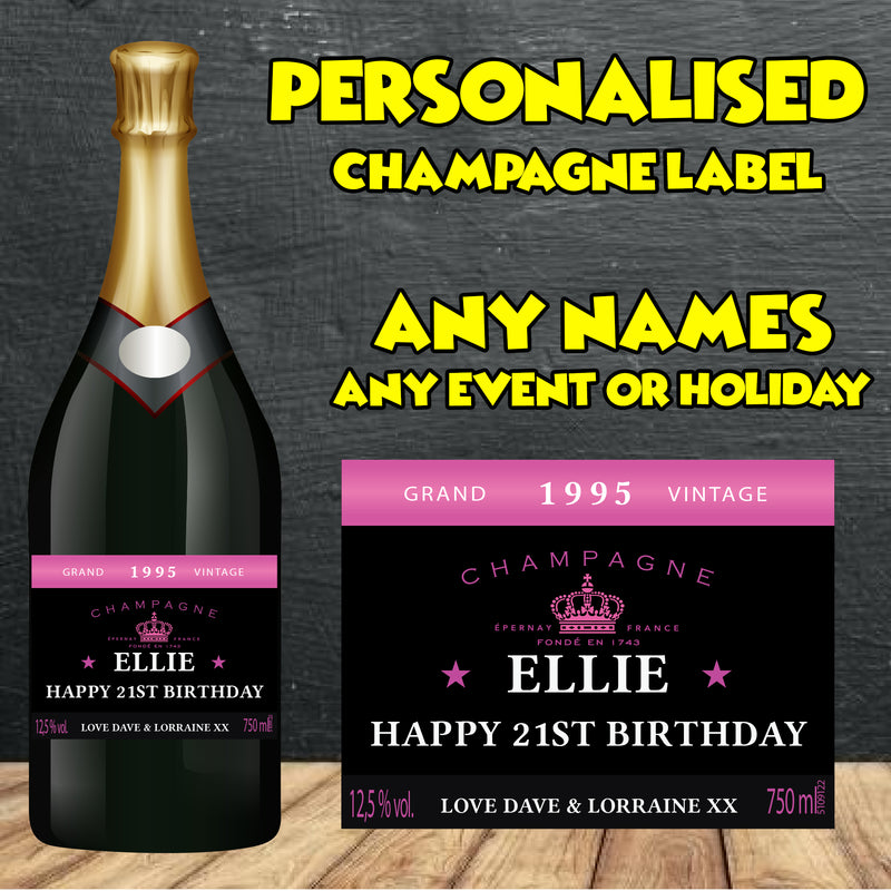 PERSONALISED Black and Pink Champagne Bottle Label - custom name bottle lables