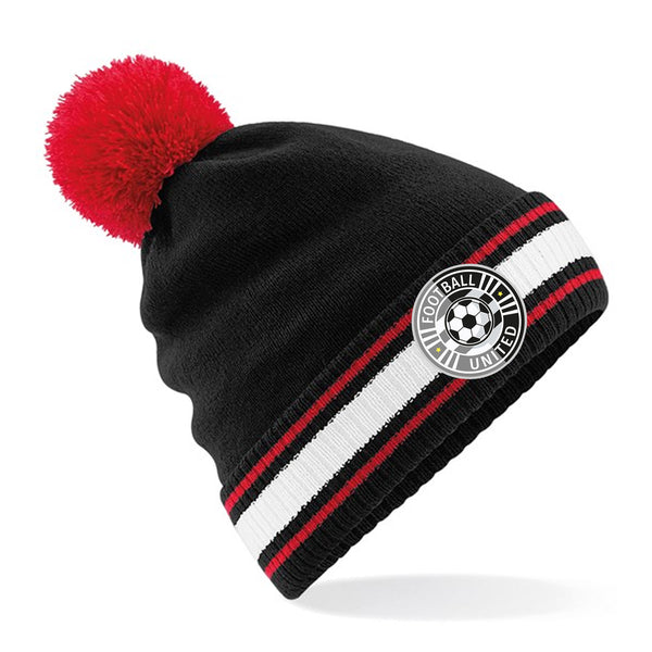 Personalised black and red bobble hat, with a full-colour printed badge on the striped cuff