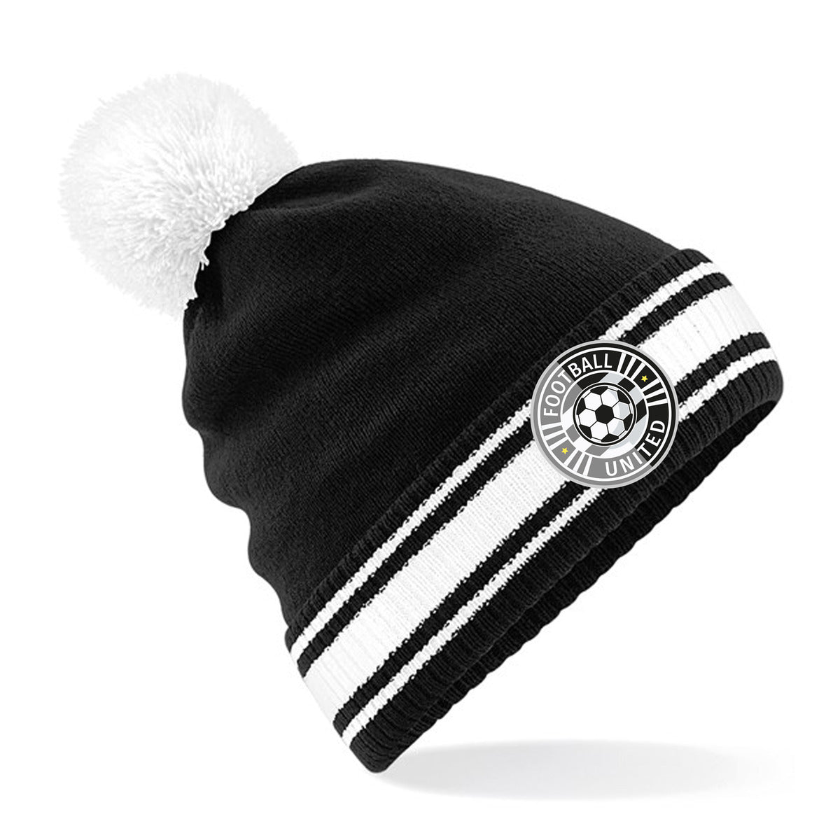 Personalised black and white bobble hat, with a full-colour printed badge on the striped cuff