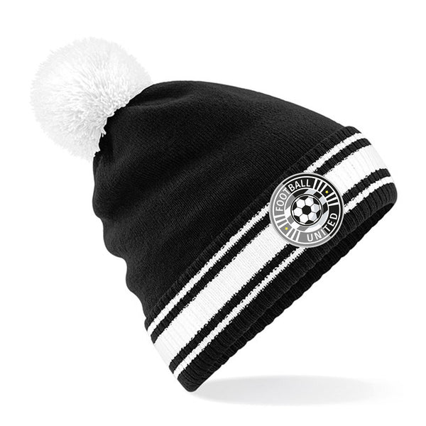 Personalised black and white bobble hat, with a full-colour printed badge on the striped cuff