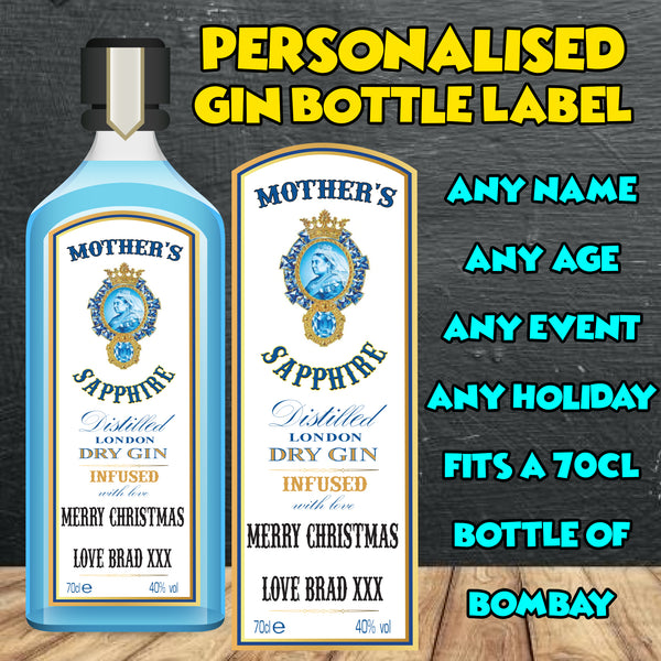 PERSONALISED Bombay Saphire Gin Bottle Label - custom name bottle lables