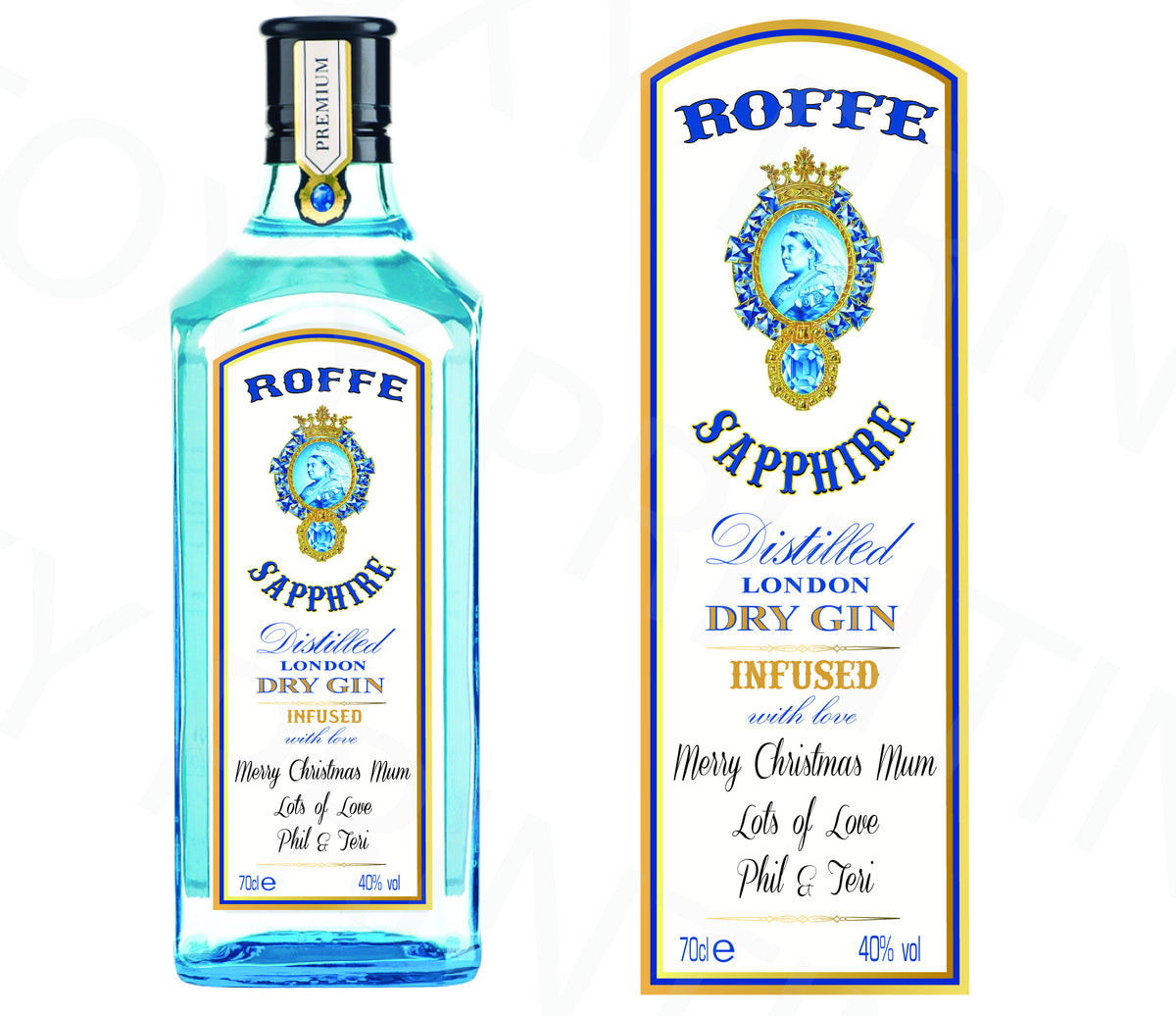 PERSONALISED Bombay Sapphire Gin Bottle Label Valentine Birthday Wedding Graduation Gift