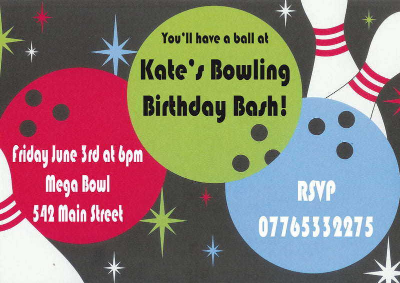 10 X Personalised Printed Bowling Birthday INSPIRED STYLE Invites