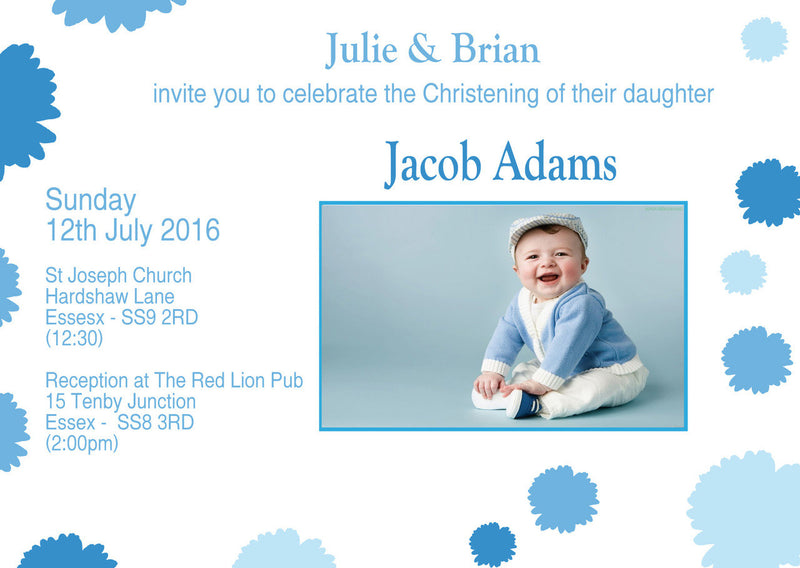 10 X Personalised Printed Boys Blue Flower Christening INSPIRED STYLE Invites