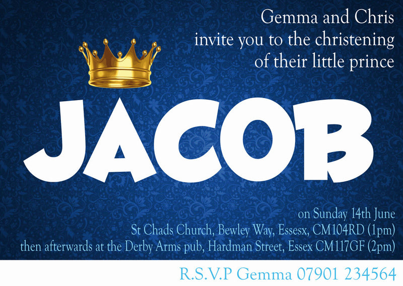 10 X Personalised Printed Boys Prince Christening INSPIRED STYLE Invites