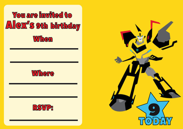 10 X Personalised Printed Transformers Bumblebee Invites
