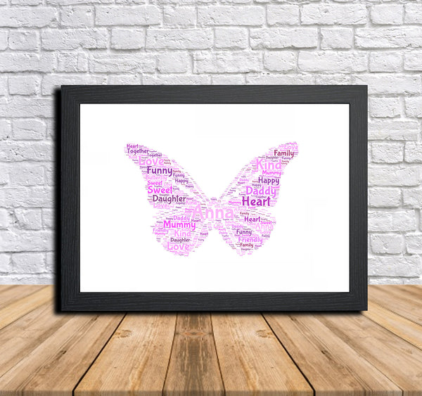 Personalised butterfly word art print in a black frame