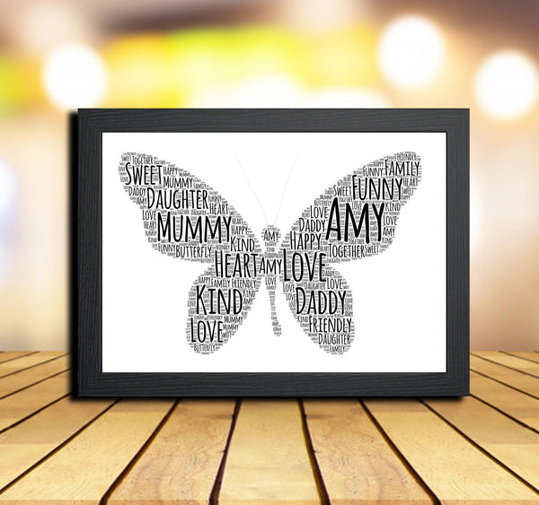 Personalised butterfly word art print in a black frame