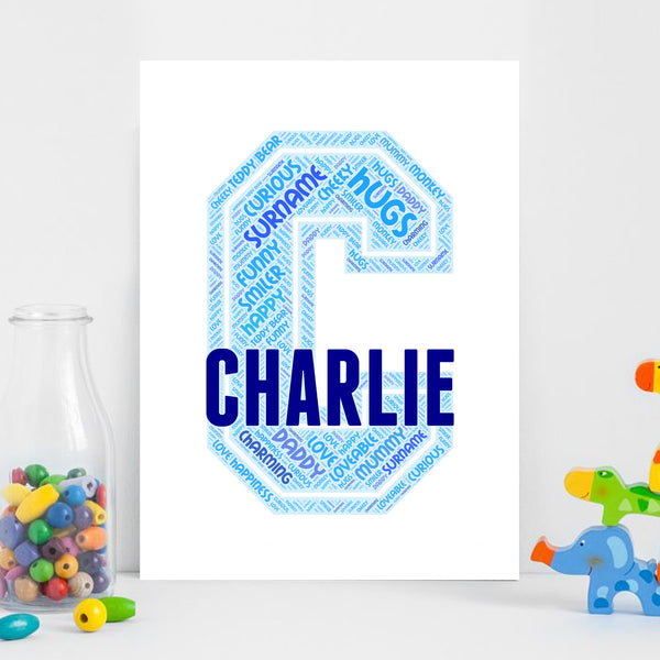 Personalised name word art print, blue letter C, print only