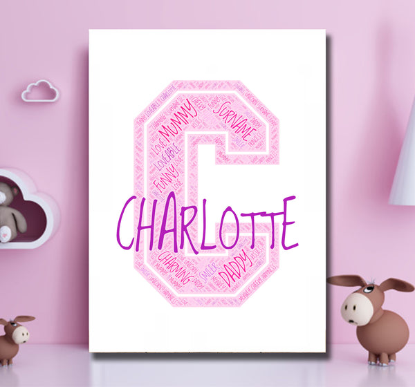 Personalised name word art print, pink letter C, print only