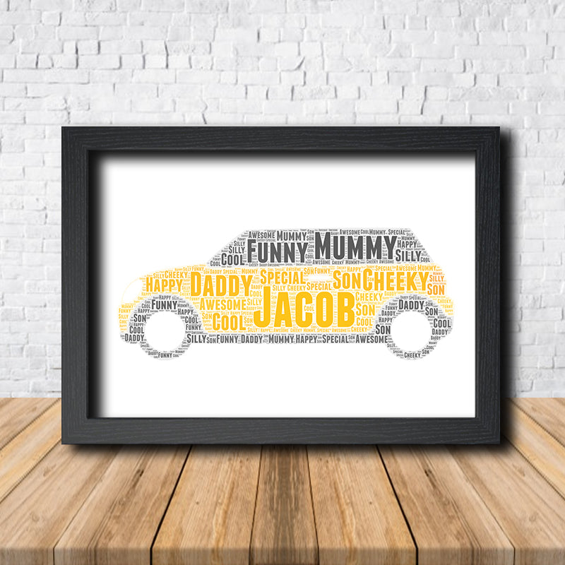 Personalised Car 1 Word Art Poster Print – Personalised car word art print in a black frame