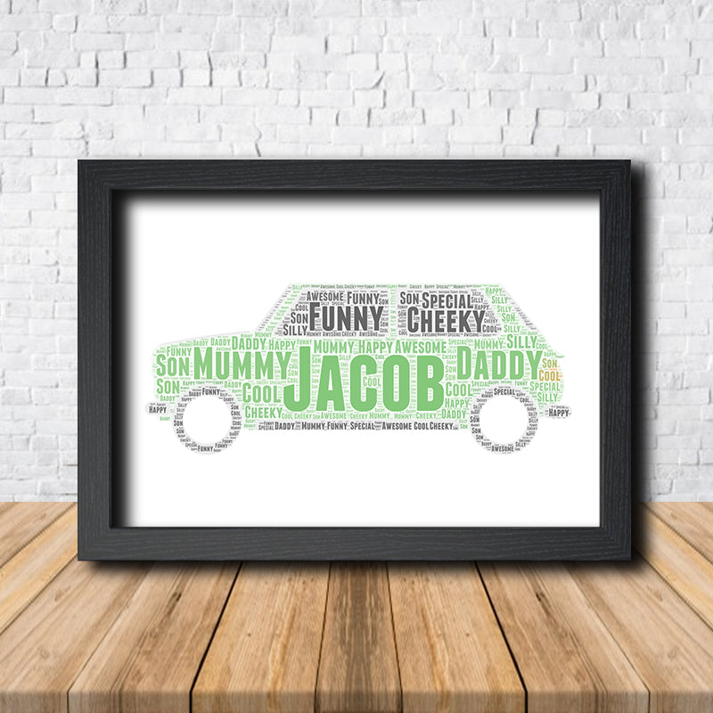 Personalised Car 2 Word Art Poster Print – Personalised car word art print in a black frame