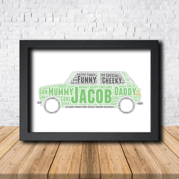 Personalised car word art print in a black frame