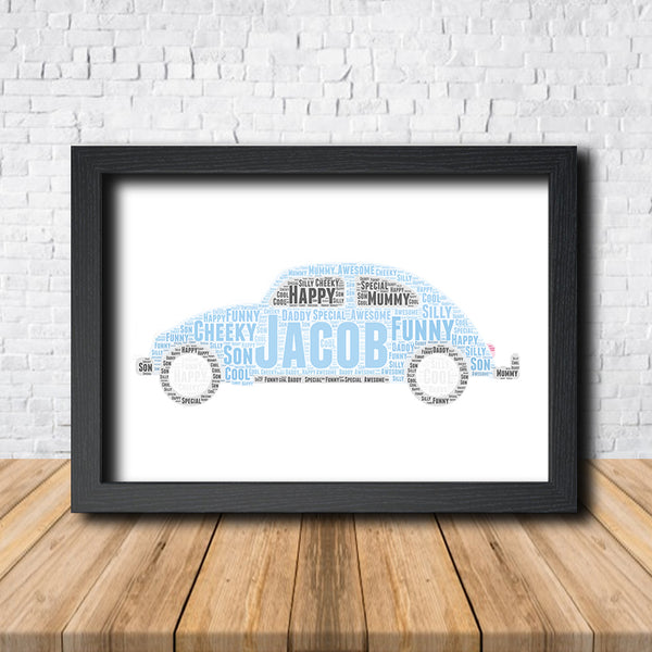 Personalised car word art print in a black frame