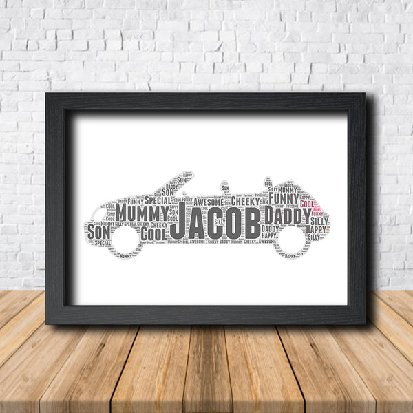 Personalised car word art print in a black frame