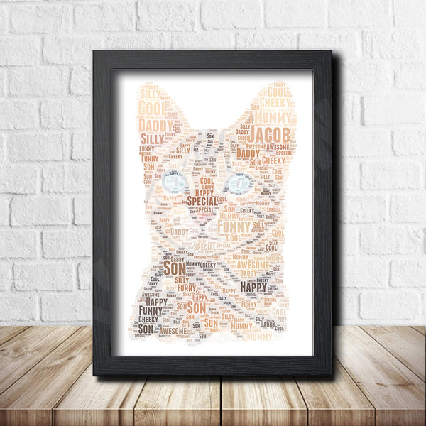 Personalised cat word art print in a black frame