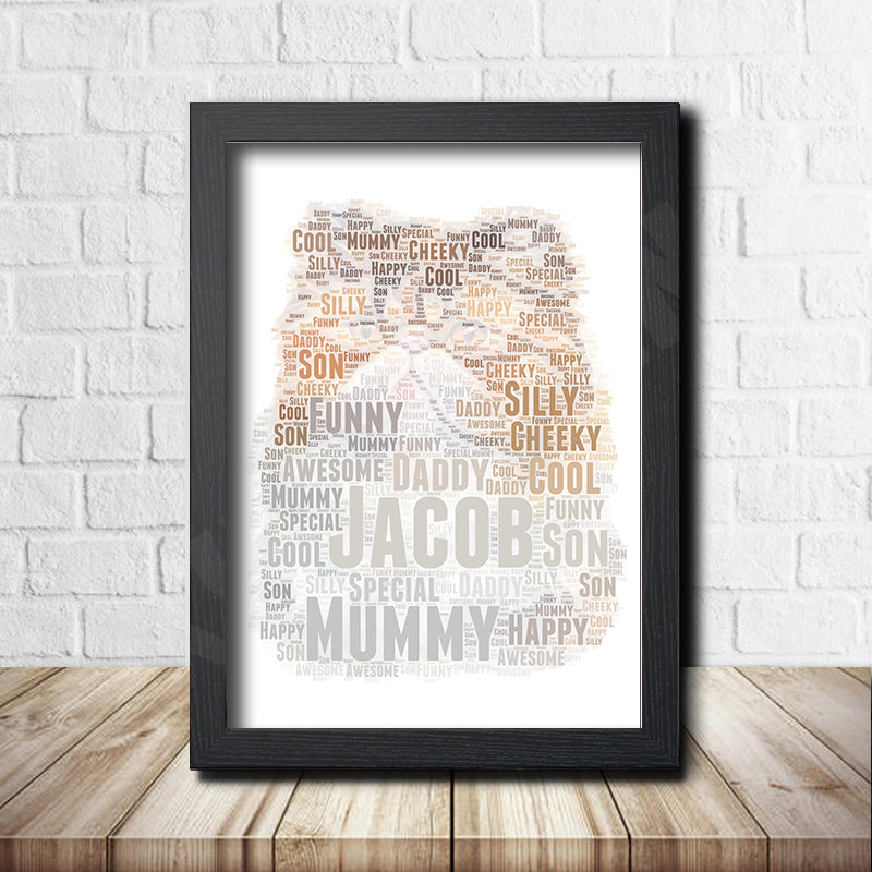 Personalised Cat 4 Word Art Poster Print – Personalised cat word art print in a black frame