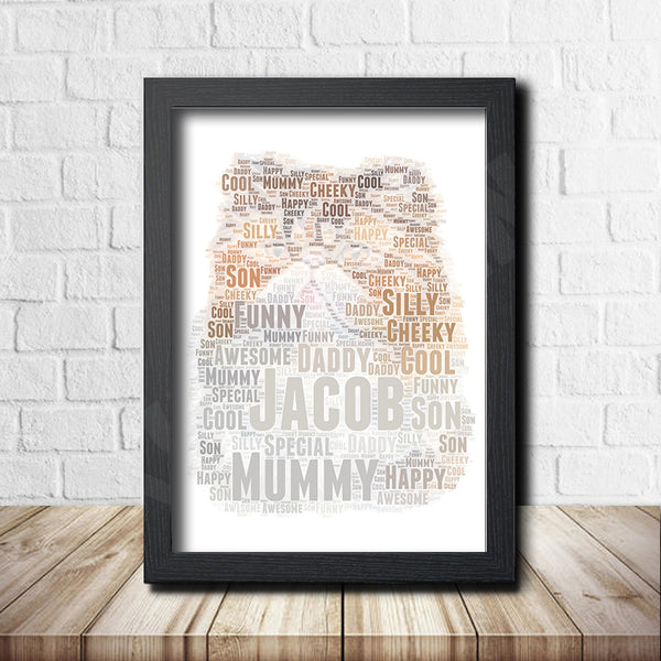 Personalised cat word art print in a black frame