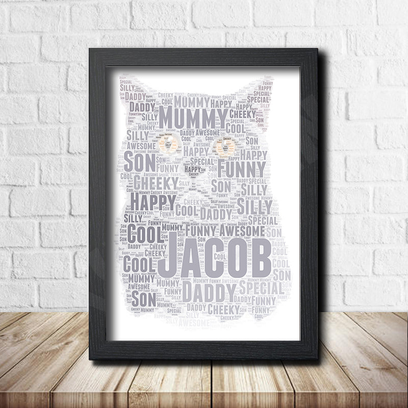 Personalised Cat 5 Word Art Poster Print – Personalised cat word art print in a black frame