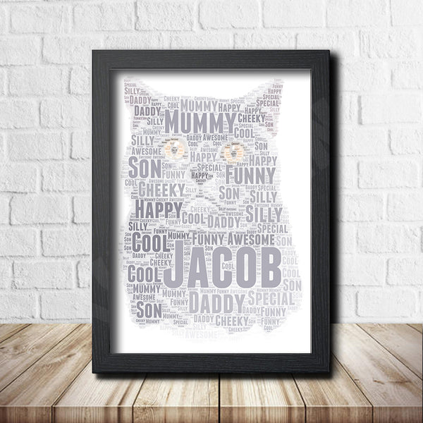 Personalised cat word art print in a black frame