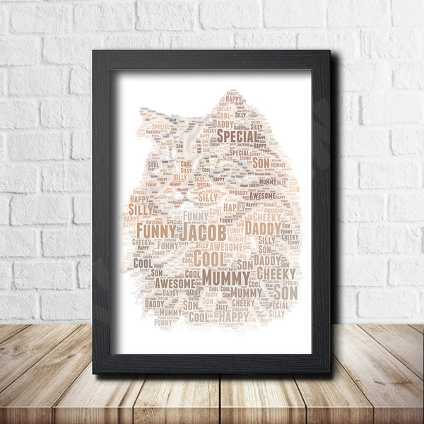 Personalised cat word art print in a black frame