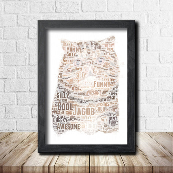 Personalised cat word art print in a black frame