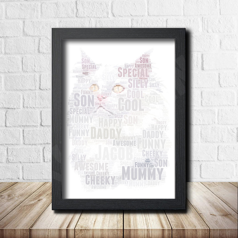 Personalised Cat 9 Word Art Poster Print – Personalised cat word art print in a black frame