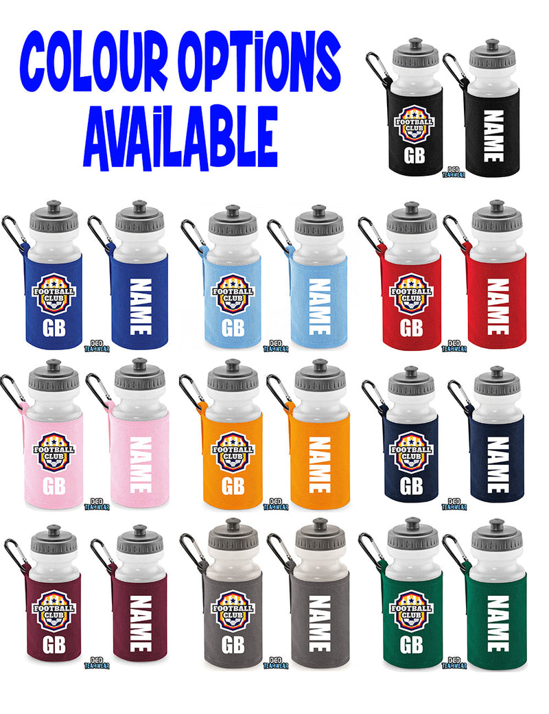 Green Personalised Bottle And Holder - Printed Name And Full Colour Badge - Your Own Personalised Badge