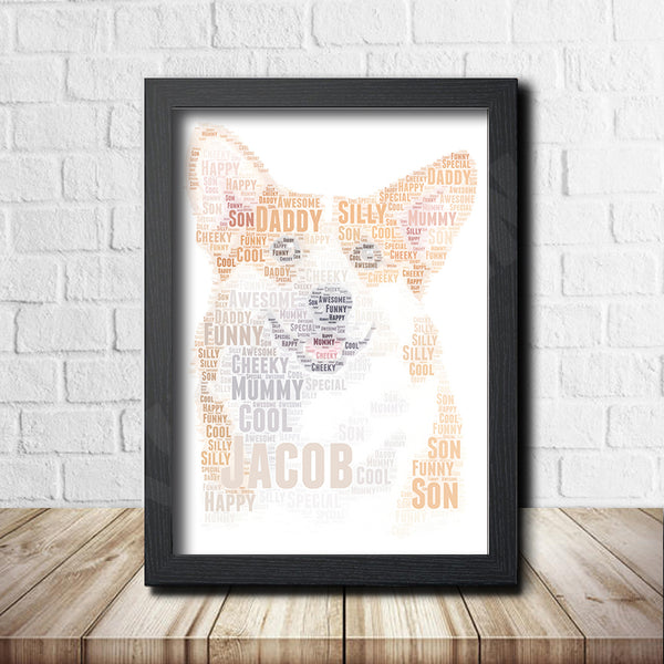 Personalised corgi word art print in a black frame