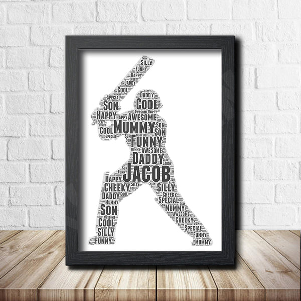 Personalised cricket word art print in a black frame