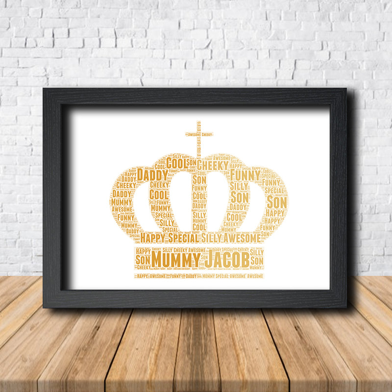 Personalised Crown 2 Word Art Poster Print – Personalised crown word art print in a black frame