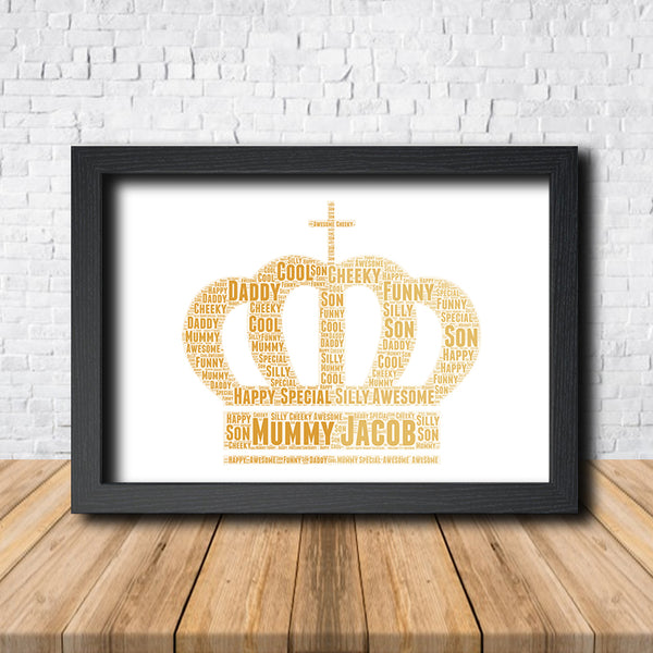 Personalised crown word art print in a black frame