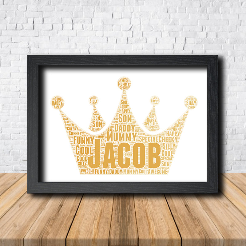 Personalised Crown 3 Word Art Poster Print – Personalised crown word art print in a black frame