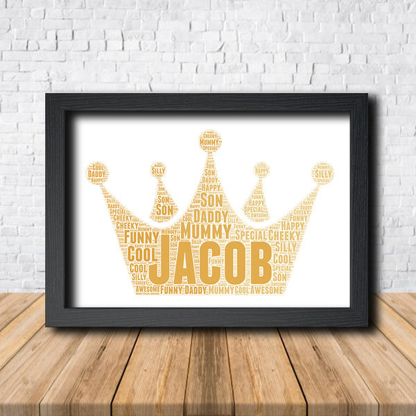 Personalised crown word art print in a black frame