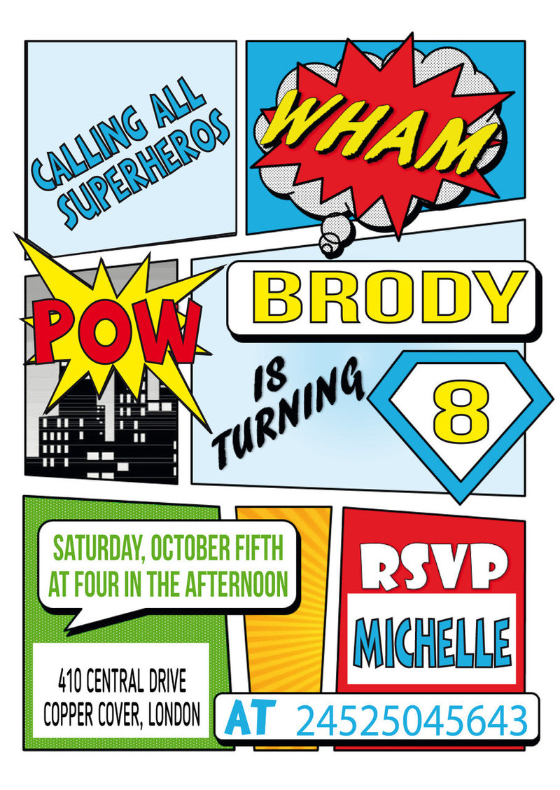 10 X Personalised Printed Calling All Superheros INSPIRED STYLE Invites