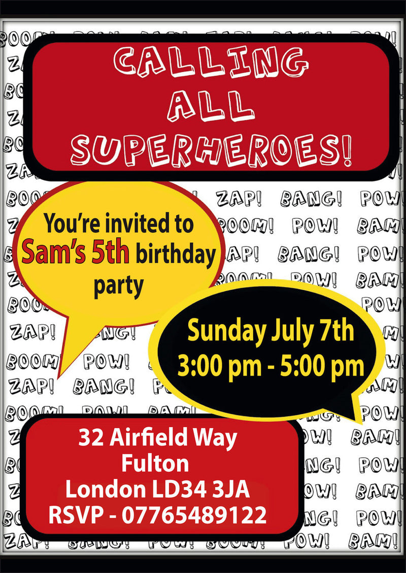 10 X Personalised Printed Calling All Superheros 3 INSPIRED STYLE Invites